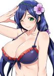  1girl bikini_top blue_hair breasts flower green_eyes hair_flower hair_ornament large_breasts looking_at_viewer love_live!_school_idol_project mushi024 one_eye_closed simple_background smile solo toujou_nozomi twintails white_background 