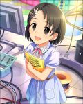  1girl black_hair book brown_eyes bunny_hair_ornament cable hair_ornament idolmaster idolmaster_cinderella_girls official_art open_mouth sasaki_chie short_hair smile solo stage toolbox 