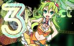  1girl artist_name belt breasts cleavage goggles goggles_on_head green_eyes green_hair gumi hands_on_hips midriff navel short_hair skirt smile solo ulogbe vocaloid wrist_cuffs 