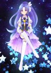  1girl arm_warmers bike_shorts blue_background boots brooch crossed_legs cure_fortune dress expressionless hair_ornament hairpin happinesscharge_precure! hikawa_iona jewelry long_hair magical_girl precure purple purple_dress purple_hair ruka192 shorts_under_skirt sitting solo star starry_background thigh-highs thigh_boots violet_eyes white_legwear 