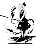  1girl absurdres alternate_weapon ascot black claymore_(sword) dress faux_traditional_media hair_ribbon highres holding_sword konpaku_youmu_(ghost) long_sleeves monochrome ribbon short_hair solo spot_color sumi-e timesoe touhou two-handed_sword walking weapon white_hair 