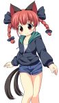  1girl animal_ears blush braid cat_ears cat_tail dress hooded_jacket kaenbyou_rin long_sleeves multiple_tails pila-pela red_dress short_shorts shorts smile solo tail touhou twin_braids 