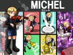  1boy 1girl black_hair blonde_hair blue_eyes candle chandelier character_name chloe_ardenne chloe_no_requiem commentary_request drum drumsticks final_smash hammer highres instrument kirby michel_d&#039;alembert musical_note piano shan_grila sleeping sound_wave super_smash_bros. translated trombone violet_eyes violin yellow_eyes 