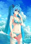  1girl ahoge aqua_eyes aqua_hair baisi_shaonian bikini breasts cleavage clouds dutch_angle hatsune_miku highres long_hair looking_at_viewer navel popsicle side-tie_bikini sky solo striped striped_bikini striped_swimsuit swimsuit twintails very_long_hair vocaloid wading water watermelon_bar wet 