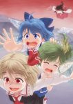  4girls ascot blonde_hair blue_eyes blue_hair blush bow brown_hair cirno closed_eyes daiyousei detached_sleeves forced_smile gohei green_hair hair_bow hair_ribbon hair_tubes hakurei_reimu highres japanese_clothes miko multiple_girls open_mouth outstretched_arms red_eyes ribbon rumia short_hair side_ponytail skirt touhou usfdive wings 