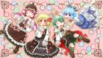  4girls :d ;o animal_ears antennae belt blonde_hair blouse blue_eyes blue_hair blush border bow brown_hair cape cirno dress drooling floral_background flower frilled_bow frilled_dress frilled_ribbon frilled_skirt frilled_sleeves frills green_eyes green_hair hair_bow hair_ribbon long_sleeves matty_(zuwzi) multiple_girls mystia_lorelei one_eye_closed open_mouth puffy_short_sleeves puffy_sleeves red_eyes ribbon ribbon-trimmed_sleeves ribbon_trim rumia short_hair short_sleeves shorts singing skirt smile team_9 too_many_frills touhou vest wings wriggle_nightbug 