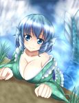  1girl animal_ears blue_eyes blue_hair cleavage grass ground head_fins highres japanese_clothes kimono large_breasts long_sleeves lying mermaid monster_girl obi sash short_hair smile solo touhou wakasagihime water wendell wide_sleeves 