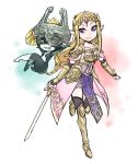  armor blonde_hair blue_eyes earrings fang helmet jewelry midna nintendo pointy_ears princess_zelda red_eyes smile sword teru_suzu the_legend_of_zelda tiara twilight_princess weapon zelda_musou 