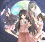  4girls animal_ears ankle_socks aqua_eyes barefoot black_hair braid brown_eyes dress full_moon grin hand_on_own_chest houraisan_kaguya inaba_tewi japanese_clothes jumping long_hair long_sleeves looking_at_viewer mizunosan moon multiple_girls necktie one_eye_closed open_mouth outstretched_hand pleated_skirt ponytail purple_hair rabbit_ears red_eyes reisen_udongein_inaba short_hair short_sleeves silver_hair single_braid skirt sky smile star_(sky) starry_sky suit_jacket touhou yagokoro_eirin 