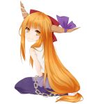  1girl absurdres blonde_hair bow chain hair_bow highres horn_bow horns ibuki_suika long_hair looking_back low-tied_long_hair solo torn_clothes torn_sleeves touhou very_long_hair white_background yami_nabe yellow_eyes 