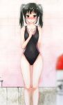  1girl bathroom black_eyes black_hair blurry blush competition_swimsuit depth_of_field highres kantai_collection long_hair one-piece_swimsuit sora_(dankesehr) standing swimsuit twintails zuikaku_(kantai_collection) 