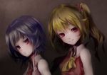  2girls adapted_costume alternate_costume ascot blonde_hair flandre_scarlet gradient gradient_background grin hair_ornament looking_at_viewer multiple_girls no_hat parted_lips purple_hair red_eyes remilia_scarlet short_hair side_ponytail simple_background smile tagme touhou yutapon 