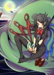  1girl absurdres asymmetrical_wings baba_(pixiv3422465) black_hair black_legwear bow highres houjuu_nue looking_at_viewer red_eyes shoes_removed short_hair snake solo thigh-highs touhou ufo wings 