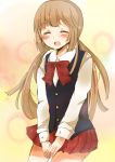  1girl ^_^ blush bow brown_hair chikua0512 child closed_eyes highres hime_cut low_twintails open_mouth skirt smile twintails umineko_no_naku_koro_ni ushiromiya_rosa vest younger 