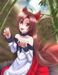  1girl animal_ears bamboo bamboo_forest bare_shoulders blush breasts brown_hair collar collarbone dress fang fingernails forest full_moon highres imaizumi_kagerou long_hair looking_up moon nature night open_mouth paw_pose red_eyes sitting solo tail tongue tongue_out touhou very_long_hair wendell wolf_ears wolf_tail 