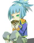  1boy blue_hair card green_eyes male ponytail ric shiunin_sora sitting solo yuu-gi-ou yuu-gi-ou_arc-v 