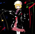  1girl abstract_background ascot black_background black_coat blending blonde_hair child_drawing creepy dress hand_up hat haze highres interrupted lamppost looking_back maribel_hearn mob_cap open_mouth outstretched_hand pink_bow pink_dress short_hair solo timesoe touhou 