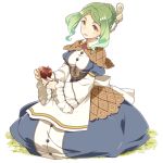  1girl apple apron atelier_(series) atelier_escha_&amp;_logy blue_dress braid corset dress food french_braid fruit green_hair kurone_(atelier) l_(matador) short_hair smile solo white_background winding_key yellow_eyes 