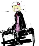  1girl absurdres black_coat blonde_hair blush bow coat dress hat hat_bow highres maribel_hearn mob_cap purple_dress red_bow red_ribbon ribbon short_hair simple_background sitting sketch solo timesoe touhou waiting white_background 