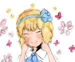  1girl alice_margatroid alice_margatroid_(pc-98) ascot blonde_hair blush_stickers butterfly closed_eyes fingers_to_cheeks flower hair_ribbon ribbon shirt simple_background smile solo timesoe touhou touhou_(pc-98) white_background white_shirt 