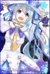  1girl aqua_hair blue_eyes fingerless_gloves gloves hair_ornament hair_ribbon hands_on_headwear hat hat_ribbon hatsune_miku highres long_hair open_mouth ribbon shun-syun solo tagme vocaloid wrist_cuffs 