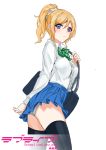  absurdres ayase_eli bag black_legwear blouse blue_eyes blush bow furrowed_eyebrows high_ponytail highres love_live!_school_idol_project panties school_bag school_uniform scrunchie thigh-highs underwear 