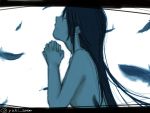  1girl akemi_homura black_hair closed_eyes feathers hands_clasped letterboxed long_hair mahou_shoujo_madoka_magica mahou_shoujo_madoka_magica_movie nude profile signature simple_background solo 