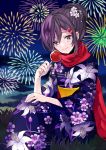  1girl alternate_costume alternate_hairstyle black_eyes black_hair candy_apple fireworks hair_ornament hairclip head_tilt holding japanese_clothes kagerou_project kimono looking_at_viewer minazuki_(0038) ponytail scarf sitting smile solo tagme tateyama_ayano weeds yukata 