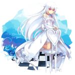  1girl braid chair checkered checkered_floor detached_sleeves dress flower hiragi_rin long_hair pandora_hearts rose smile solo violet_eyes white_hair will_of_the_abyss 