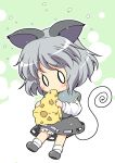  1girl animal_ears bloomers capelet cheese chibi dress eating flying_sweatdrops grey_dress grey_hair mouse_ears mouse_tail nazrin o_o pila-pela solo tail touhou underwear 