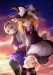  2girls absurdres alice_margatroid blonde_hair blue_eyes boots bow braid capelet clouds cross-laced_footwear evening frilled_skirt frills hairband hat hat_bow highres kirisame_marisa knee_boots long_sleeves looking_at_viewer m18_hellcat_(artist) multiple_girls open_mouth pantyhose short_hair short_sleeves single_braid skirt sky star_(sky) touhou witch_hat yellow_eyes 