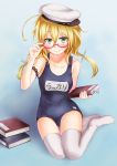  1girl anti_(untea9) blonde_hair blush breasts glasses green_eyes hat highres i-8_(kantai_collection) kantai_collection long_hair looking_at_viewer one-piece_swimsuit personification red-framed_glasses rimless_glasses school_swimsuit sitting smile solo swimsuit thigh-highs twintails white_legwear 