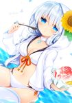  1girl bangs bikini blue_eyes blush braid breasts cleavage commentary_request dutch_angle eyebrows_visible_through_hair flower food fruit hair_between_eyes highres hiyuki-chan holding hood hood_up hooded_jacket jacket long_hair looking_at_viewer medium_breasts mofuaki navel open_clothes open_jacket shaved_ice silver_hair solo sound_voltex strawberry sunflower swimsuit thigh-highs twitter_username very_long_hair water white_background white_bikini white_jacket white_legwear yellow_flower 