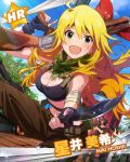  :d ahoge ak-47 assault_rifle blonde_hair breasts character_name cleavage green_eyes gun hoshii_miki idolmaster idolmaster_million_live! knife long_hair looking_at_viewer official_art open_mouth rifle smile weapon 