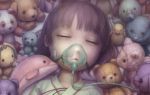  1girl brown_hair closed_eyes daiyou-uonome face_mask hospital_gown mask original oxygen_mask short_hair sleeping solo stuffed_animal stuffed_bird stuffed_bunny stuffed_dog stuffed_dolphin stuffed_toy tape teddy_bear tube wire 