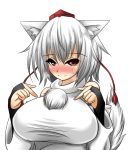  1girl absurdres animal_ears bare_shoulders blush breasts detached_sleeves fingerless_gloves gloves hat highres huge_breasts inubashiri_momiji large_breasts looking_at_viewer pom_pom_(clothes) red_eyes short_hair silver_hair simple_background solo tail tokin_hat touhou white_background wolf_ears wolf_tail yutanpo-2 