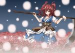 1girl belt blue_background breasts carrying cleavage coin fireflies flower hair_bobbles hair_ornament layered_dress looking_at_viewer matsuoka_michihiro onozuka_komachi puffy_short_sleeves puffy_sleeves red_eyes redhead scythe short_hair short_sleeves shoulder_carry smile solo spider_lily standing touhou twintails 