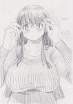  1girl blush breasts dated fat glasses huge_breasts kobayakawa_horan long_hair monochrome nekokami original plump sketch solo sweater 