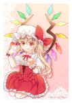  1girl akayan arm_warmers blonde_hair bow cake commentary_request corset crumbs crumbs_on_face flandre_scarlet food frilled_skirt frills juliet_sleeves licking_lips long_sleeves mob_cap multicolored_wings pink_background puffy_sleeves red_eyes side_ponytail skirt tongue tongue_out touhou wings 