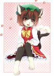  1girl animal_ears bangs blush border bow bowtie brown_eyes brown_hair cat_ears cat_tail chen dress earrings fang furry hat heart jewelry jpeg_artifacts kagerofu looking_at_viewer multiple_tails paw_print polka_dot polka_dot_background red_border shadow short_hair sitting solo tail touhou yellow_bow 