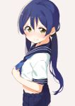  1girl blue_hair blush from_above long_hair looking_at_viewer looking_back love_live!_school_idol_project school_uniform serafuku skirt solo sonoda_umi tofu1601 twintails yellow_eyes 