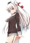  1girl amatsukaze_(kantai_collection) choker garter_straps kantai_collection long_hair looking_at_viewer mushi024 orange_eyes personification school_uniform serafuku silver_hair simple_background solo white_background 