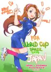  1girl 2014_fifa_world_cup blush brown_hair dated hairband highres idolmaster inoue_sora long_hair looking_at_viewer minase_iori open_mouth red_eyes shorts signature smile soccer soccer_uniform solo sportswear thigh-highs world_cup 