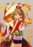  &gt;:&gt; 1girl bike_shorts blaziken bracelet brown_hair fanny_pack fire grey_eyes hair_ribbon haruka_(pokemon) haruka_(pokemon)_(remake) ico_(green_bullet) jewelry mega_blaziken mega_pokemon pokemon pokemon_(creature) pokemon_(game) pokemon_oras ribbon short_shorts shorts sleeveless sleeveless_shirt two_side_up 