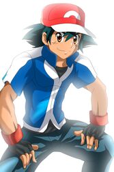  1boy ash_ketchum_(pokemon) baseball_cap black_hair brown_eyes dark_skin denim fingerless_gloves gloves hat highres jeans manly pokemon pokemon_(anime) rougantoreenaa satoshi_(pokemon) short_hair solo squatting toned 