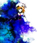  1girl abstract_background absurdres ascot blonde_hair bow dress eyes facing_viewer gap hat hat_bow haze highres long_hair maribel_hearn mob_cap purple_dress solo split_image texture timesoe touhou warped white_background white_bow 