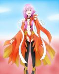  1girl bare_shoulders black_legwear blush breasts center_opening cleavage detached_sleeves elbow_gloves fingerless_gloves gloves guilty_crown hair_ornament hairclip long_hair looking_at_viewer navel open_mouth outstretched_arms pink_hair red_eyes solo thigh-highs twintails yuzuriha_inori 