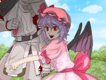  1boy 1girl armor bat_wings buront crossover final_fantasy final_fantasy_xi hat maruman open_mouth puffy_sleeves purple_hair red_eyes remilia_scarlet short_hair the_iron_of_yin_and_yang touhou umbrella vampire wings 