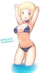  1girl :d armpits arms_up bikini blonde_hair blush breasts brown_eyes choker cleavage fukuda_noriko highres idolmaster idolmaster_million_live! large_breasts looking_at_viewer navel open_mouth rondo_bell short_hair simple_background sketch smile swimsuit white_background 