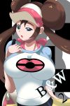 1girl absurdres black_legwear blue_eyes breasts brown_hair double_bun highres impossible_clothes large_breasts long_hair mei_(pokemon) pantyhose pokemon pokemon_(game) pokemon_bw2 rougantoreenaa shorts solo twintails visor_cap 